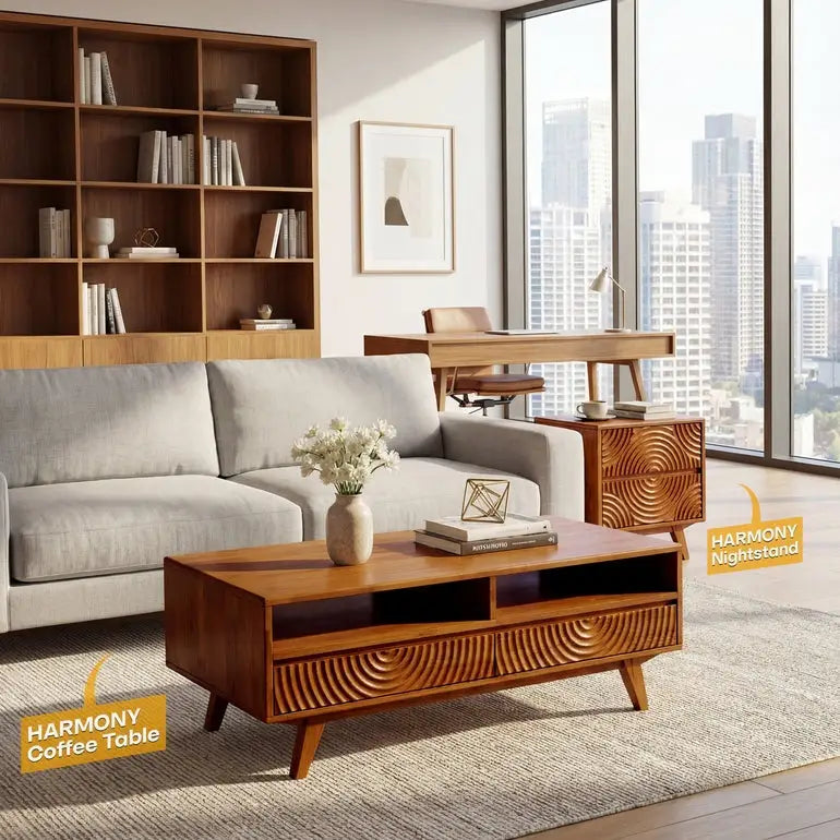 Coffee Table with Drawers & Open Storage - Acacia Wood - Megsu