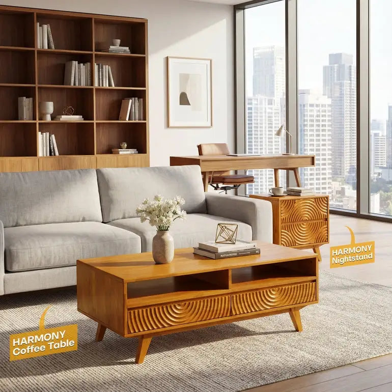 Coffee Table with Drawers & Open Storage - Acacia Wood - Megsu