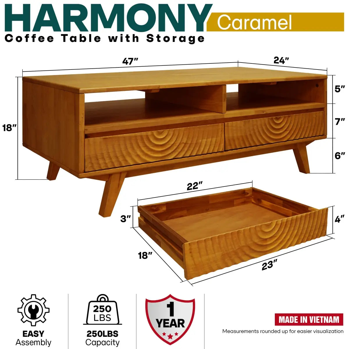 Coffee Table with Drawers & Open Storage - Acacia Wood - Megsu