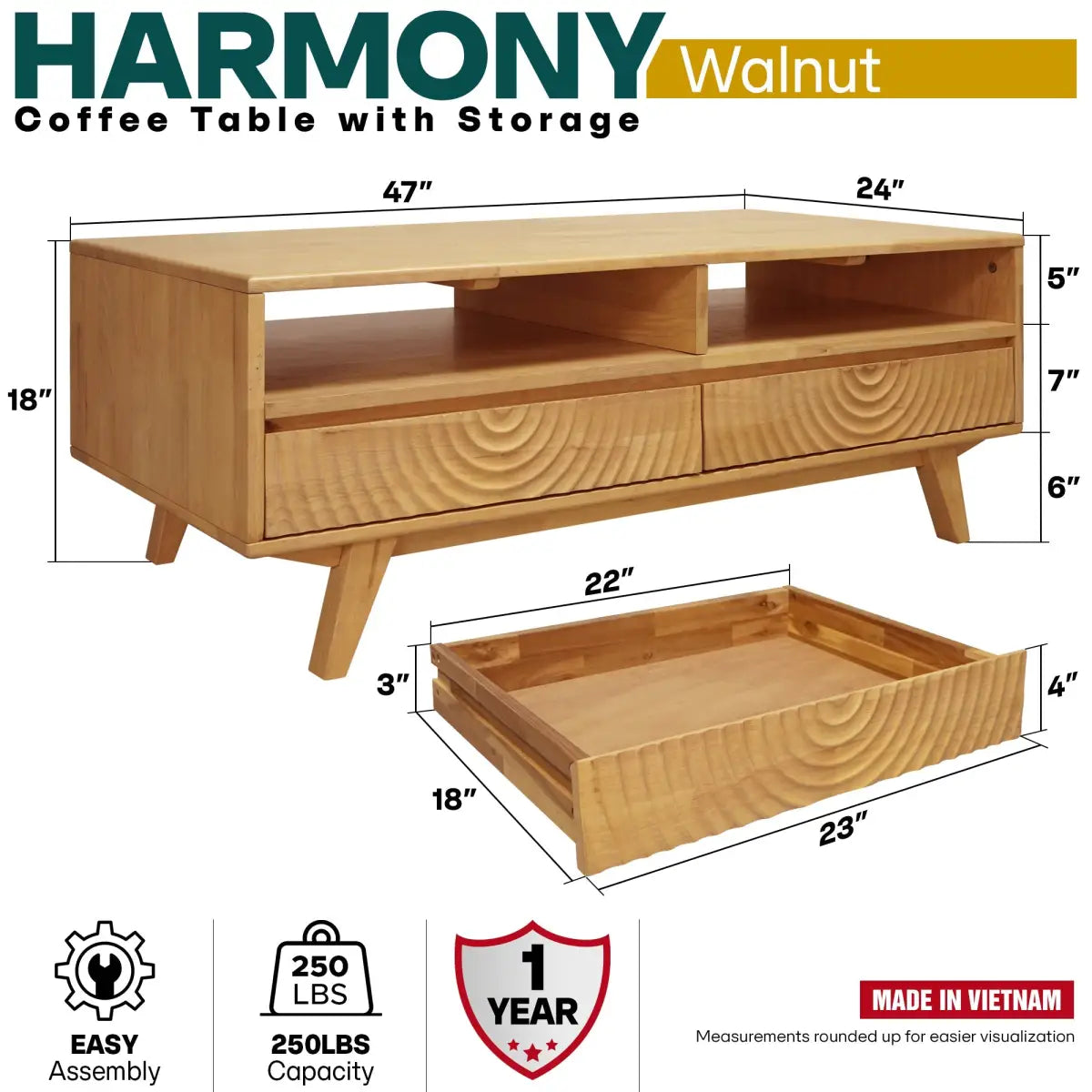 Coffee Table with Drawers & Open Storage - Acacia Wood - Megsu