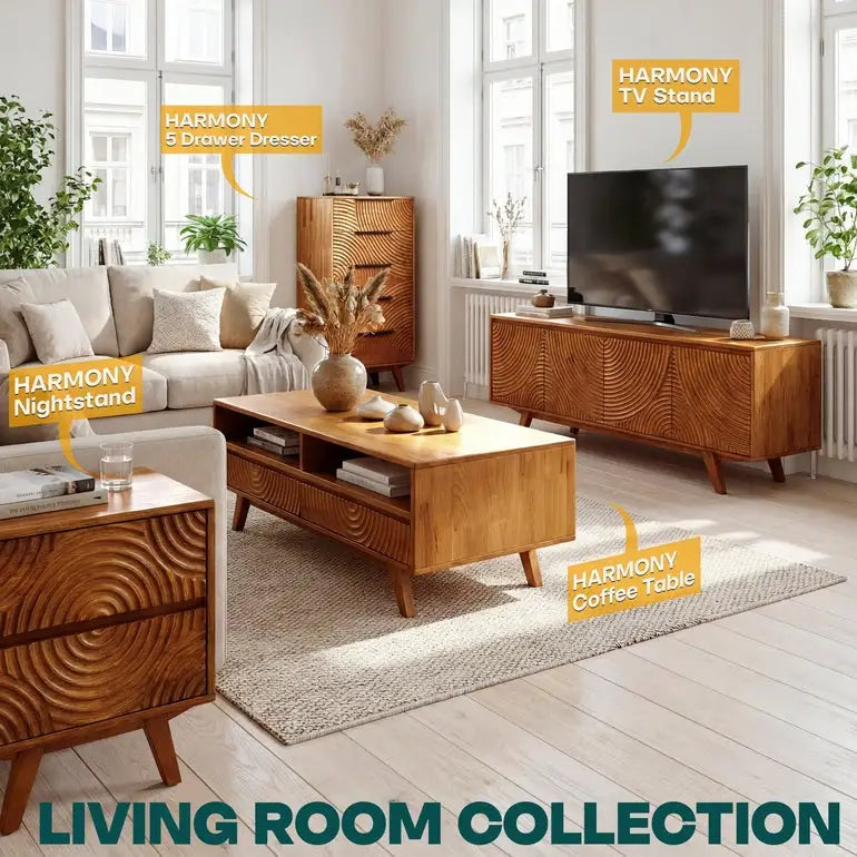 Coffee Table with Drawers & Open Storage - Acacia Wood - Megsu