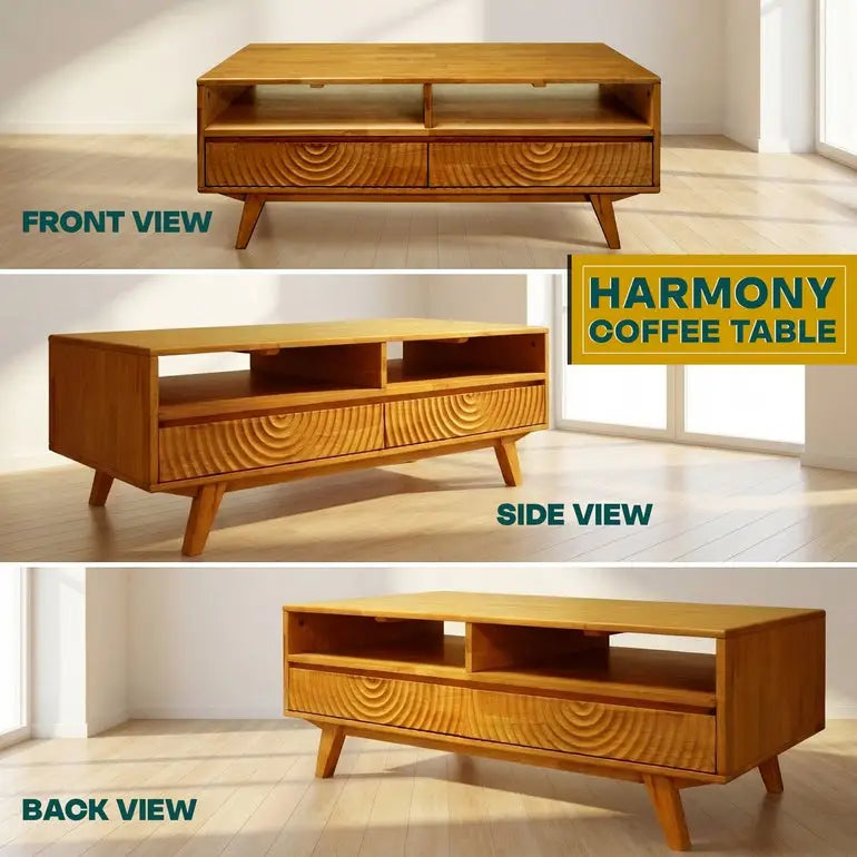 Coffee Table with Drawers & Open Storage - Acacia Wood - Megsu
