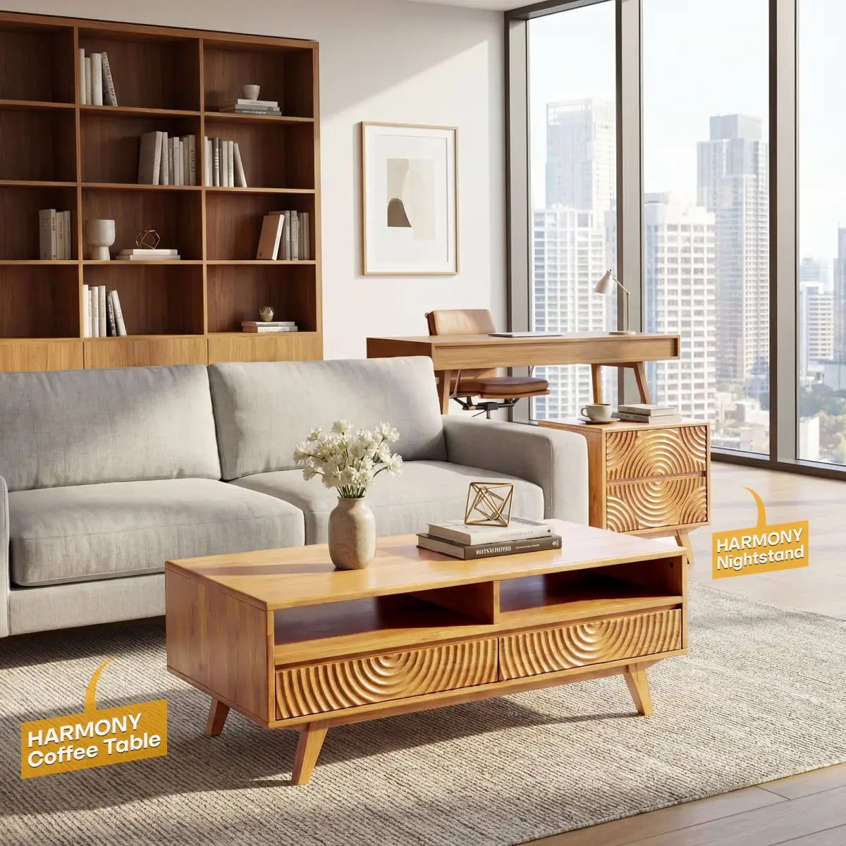 Coffee Table with Drawers & Open Storage - Acacia Wood - Megsu