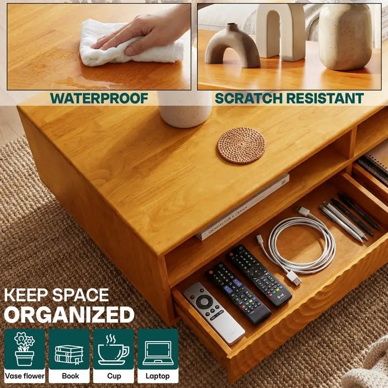 Coffee Table with Drawers & Open Storage - Acacia Wood - Megsu