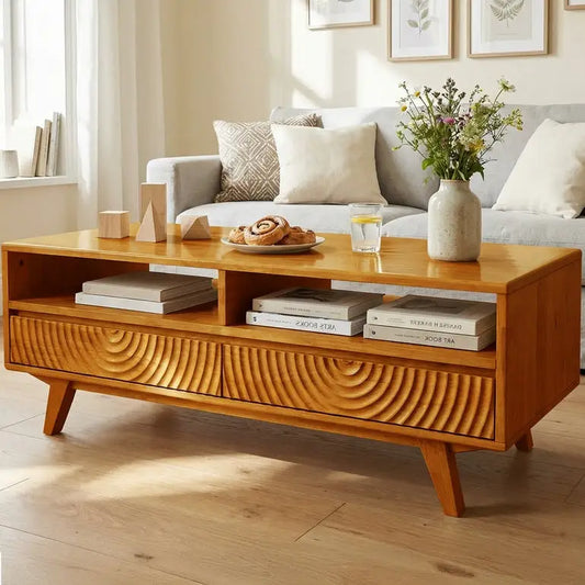 Coffee Table with Drawers & Open Storage - Acacia Wood - Caramel - Megsu