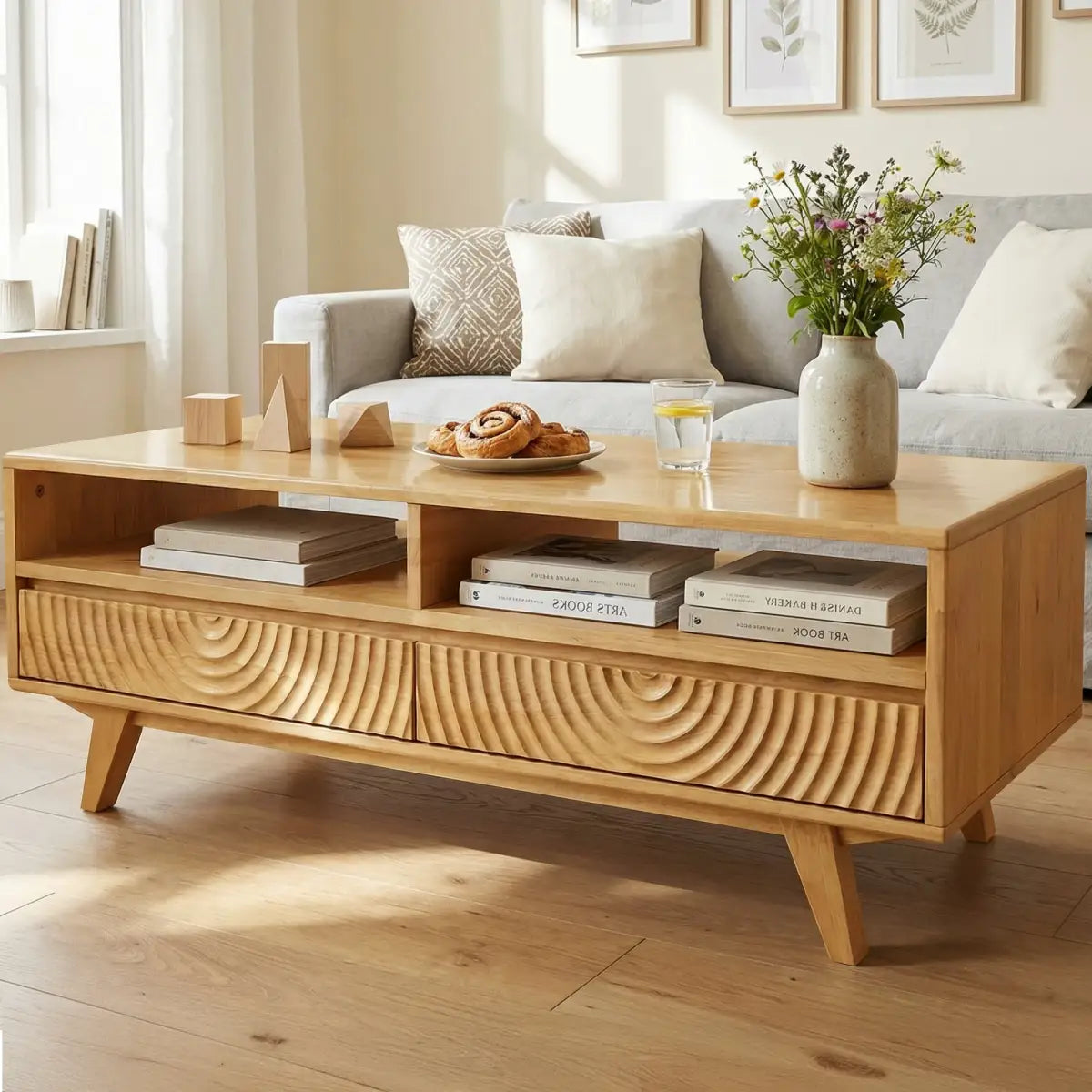 Coffee Table with Drawers & Open Storage - Acacia Wood - Oak - Megsu