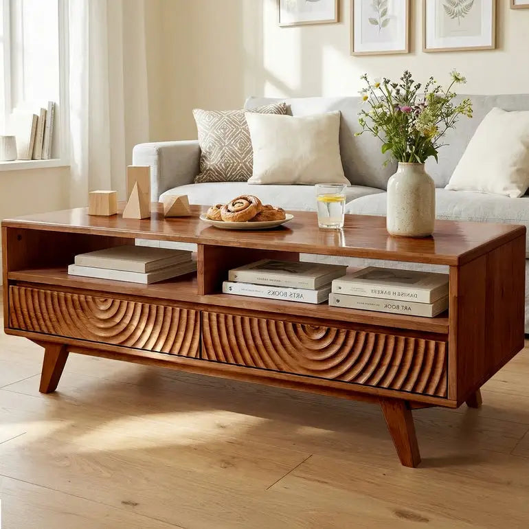 Coffee Table with Drawers & Open Storage - Acacia Wood - Walnut - Megsu