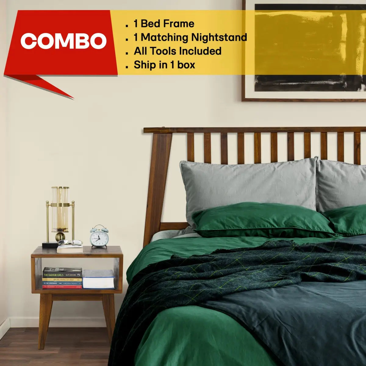 Bed Frame & Nightstand Set - Acacia Wood - for a Stylish Bedroom - Megsu