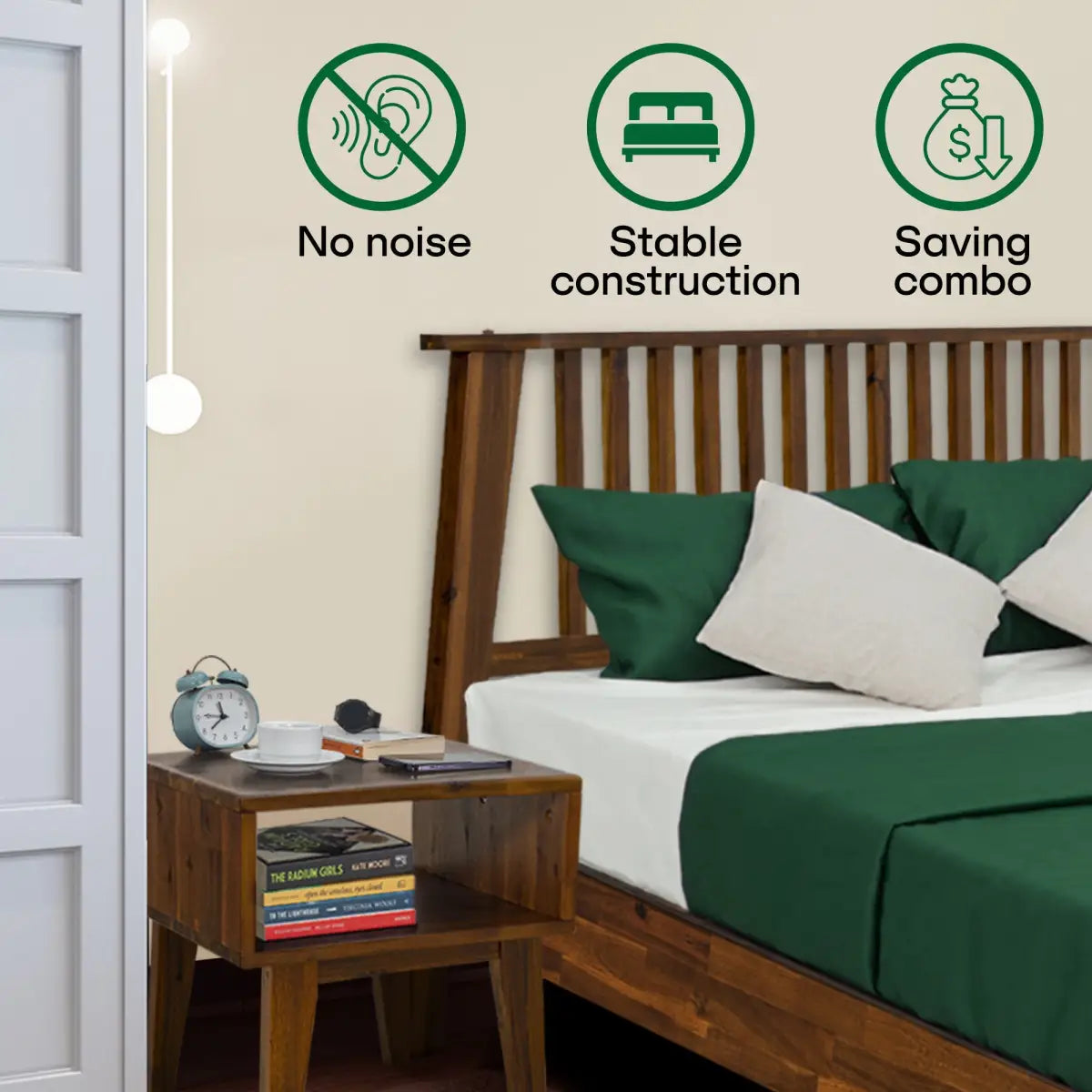 Bed Frame & Nightstand Set - Acacia Wood - for a Stylish Bedroom - Megsu