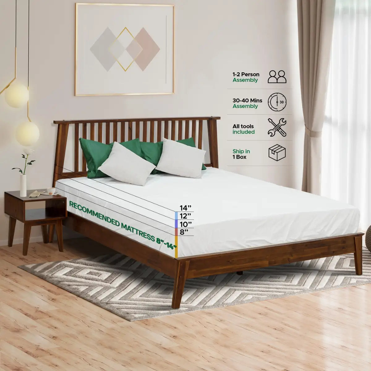 Bed Frame & Nightstand Set - Acacia Wood - for a Stylish Bedroom - Megsu