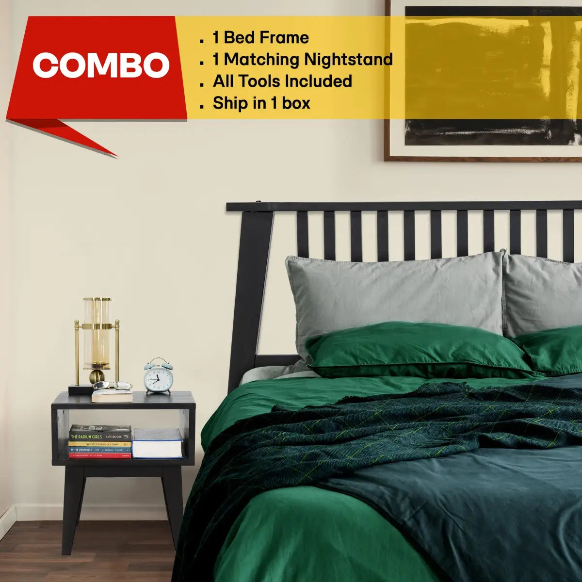 Bed Frame & Nightstand Set - Acacia Wood - for a Stylish Bedroom - Megsu