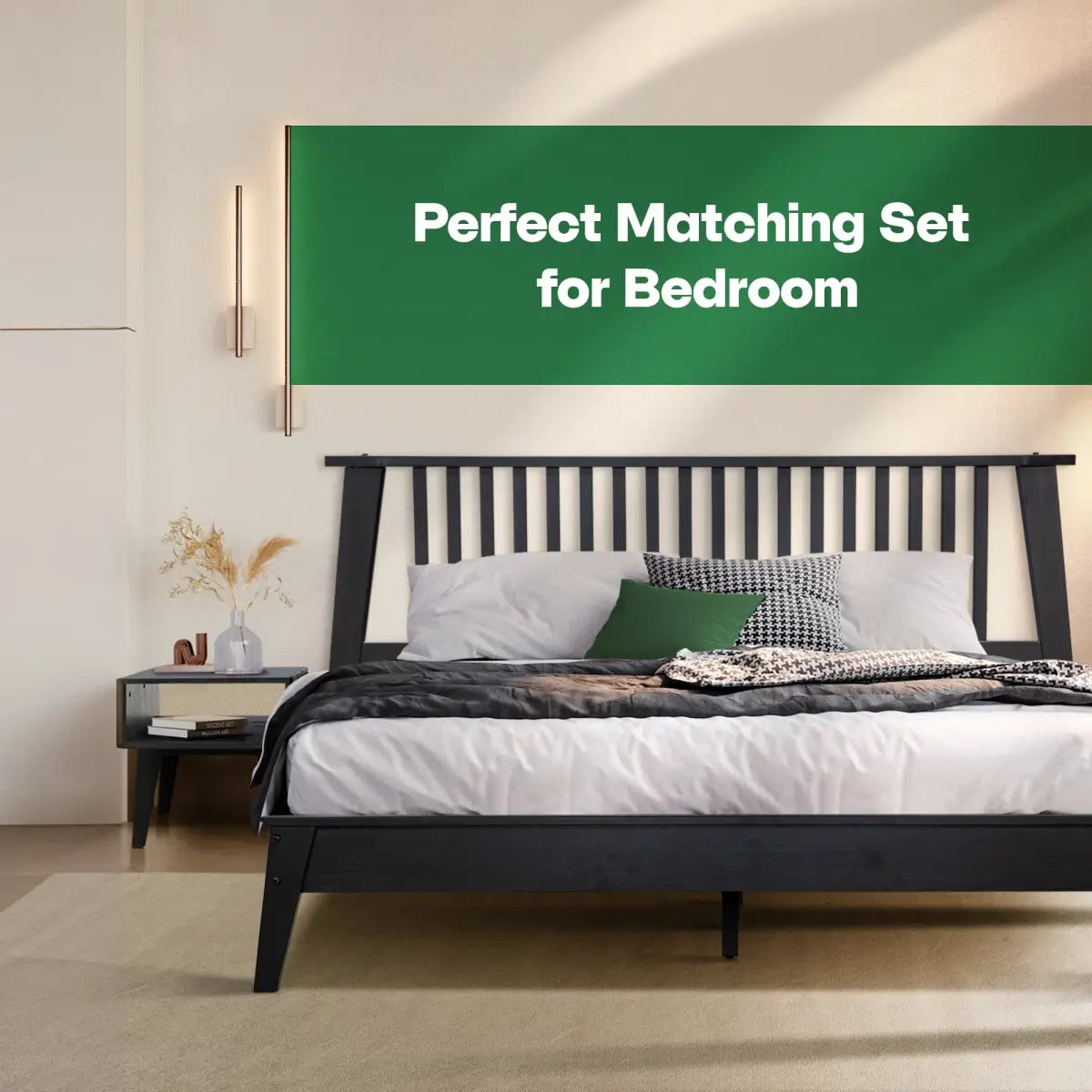 Bed Frame & Nightstand Set - Acacia Wood - for a Stylish Bedroom - Megsu