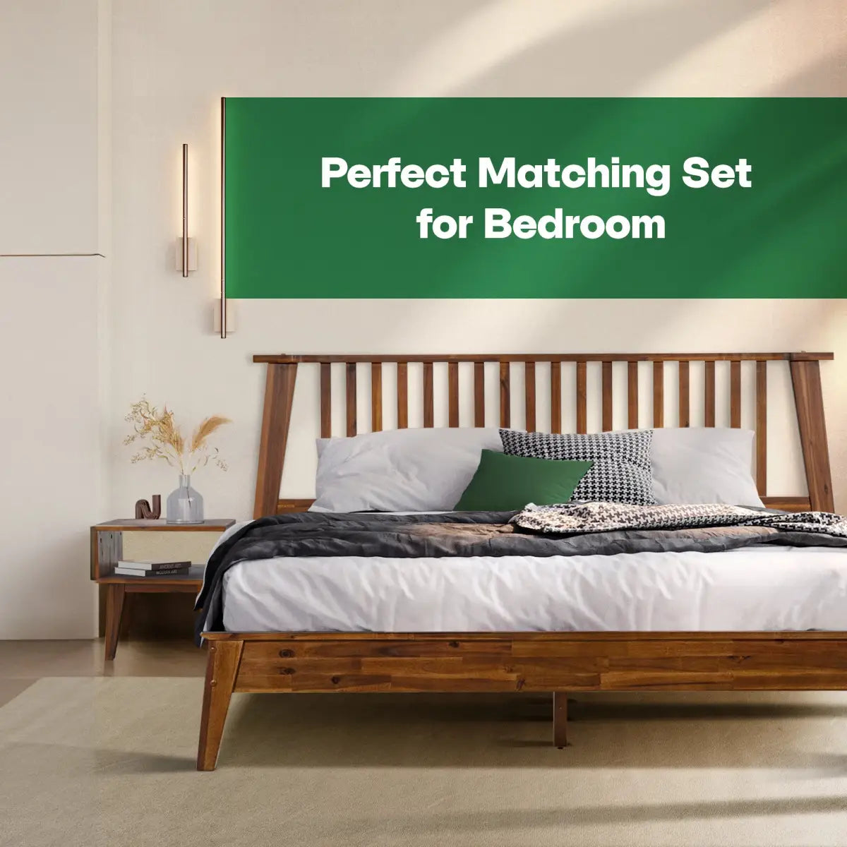 Bed Frame & Nightstand Set - Acacia Wood - for a Stylish Bedroom - Megsu