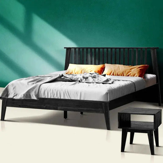 Bed Frame & Nightstand Set - Acacia Wood - for a Stylish Bedroom - Black Ristretto / King - Megsu