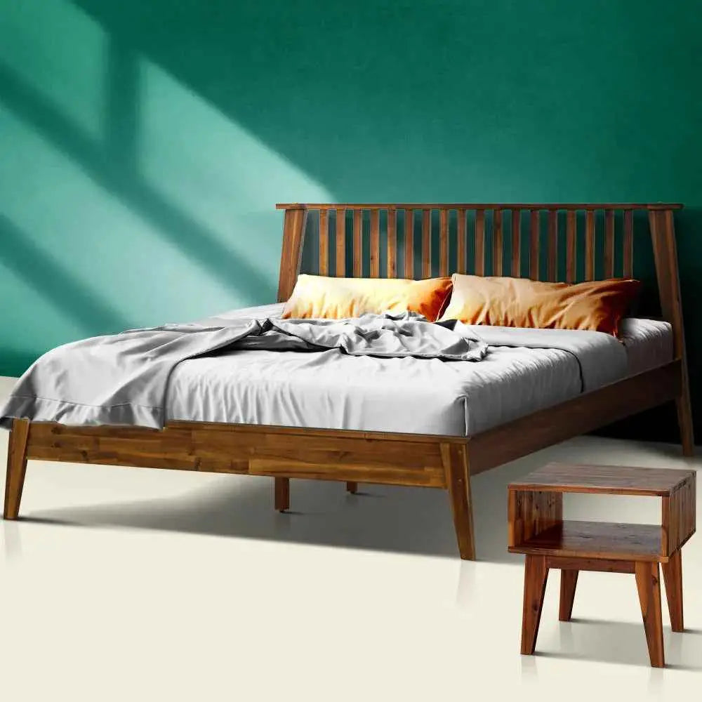 Bed Frame & Nightstand Set - Acacia Wood - for a Stylish Bedroom - Walnut / King - Megsu