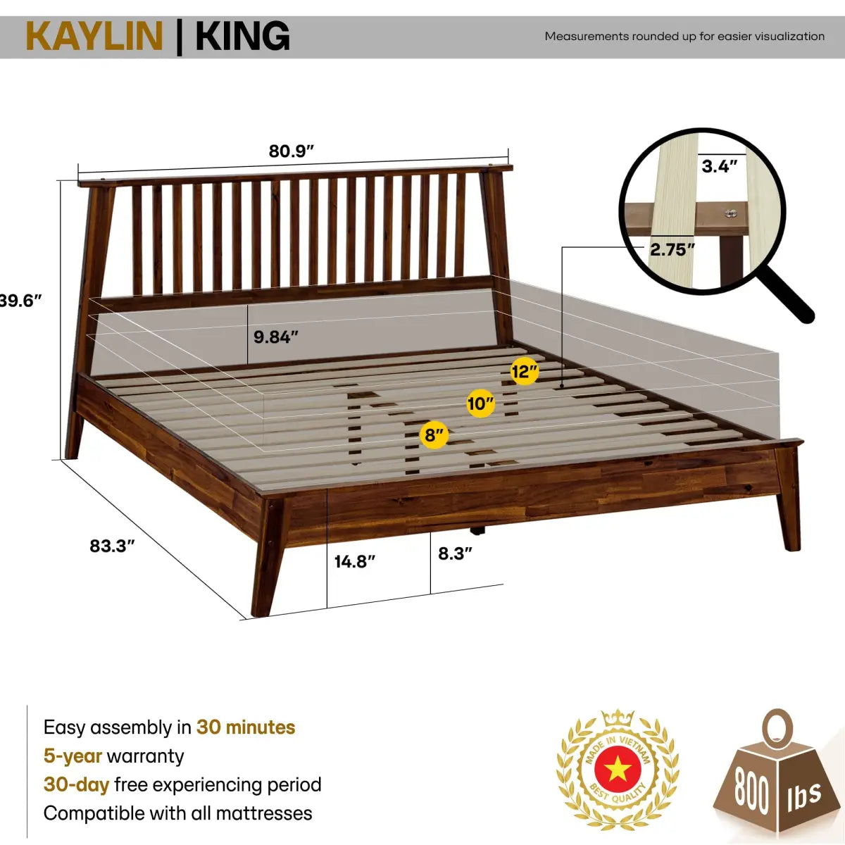 Solid Wood Bed Frame - Acacia - Durable Style and Comfort - Megsu