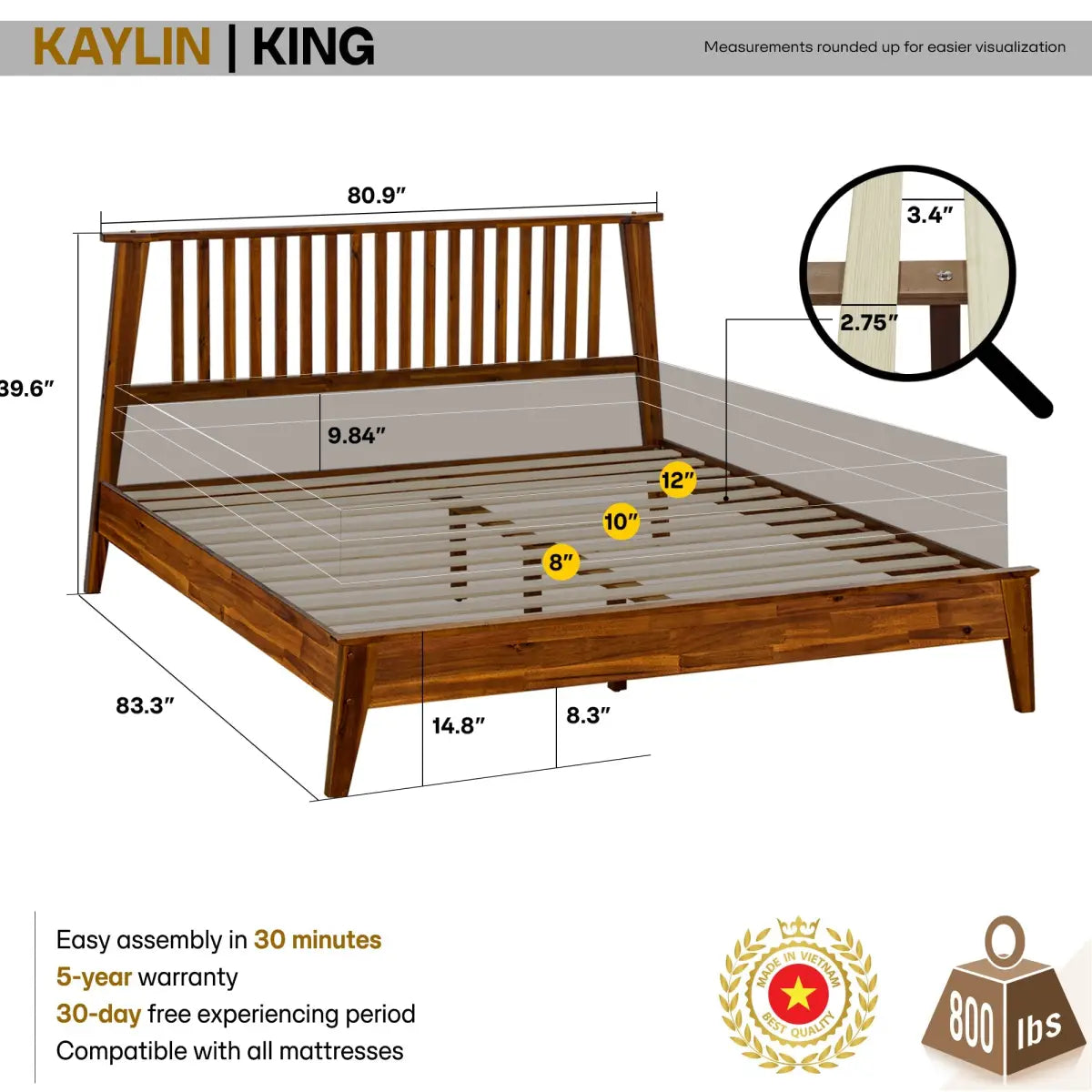 Solid Wood Bed Frame - Acacia - Durable Style and Comfort - Megsu