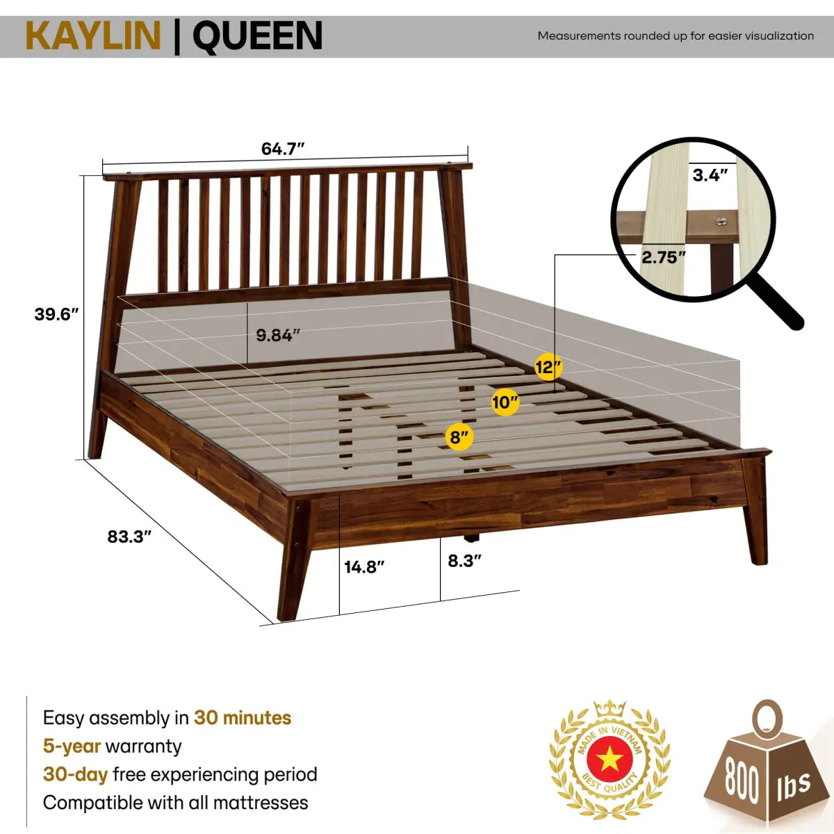 Solid Wood Bed Frame - Acacia - Durable Style and Comfort - Megsu