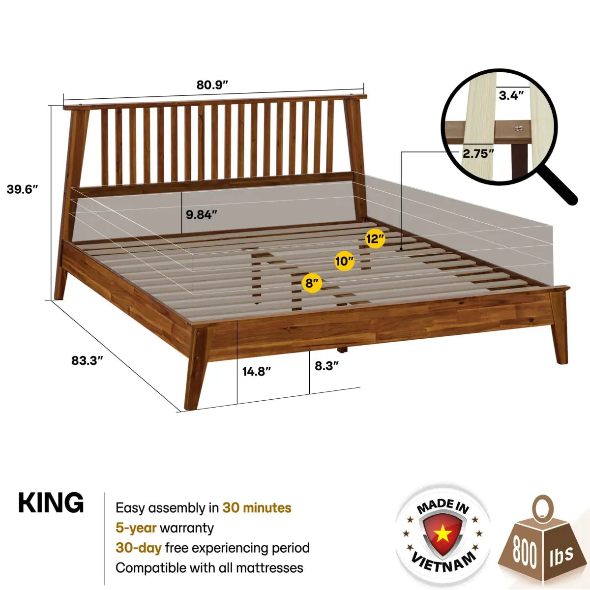 Solid Wood Bed Frame - Acacia - Durable Style and Comfort - Megsu
