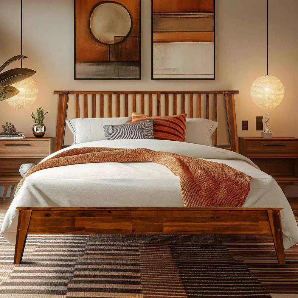 Solid Wood Bed Frame - Acacia - Durable Style and Comfort - Only Bed / Caramel / Queen - Megsu
