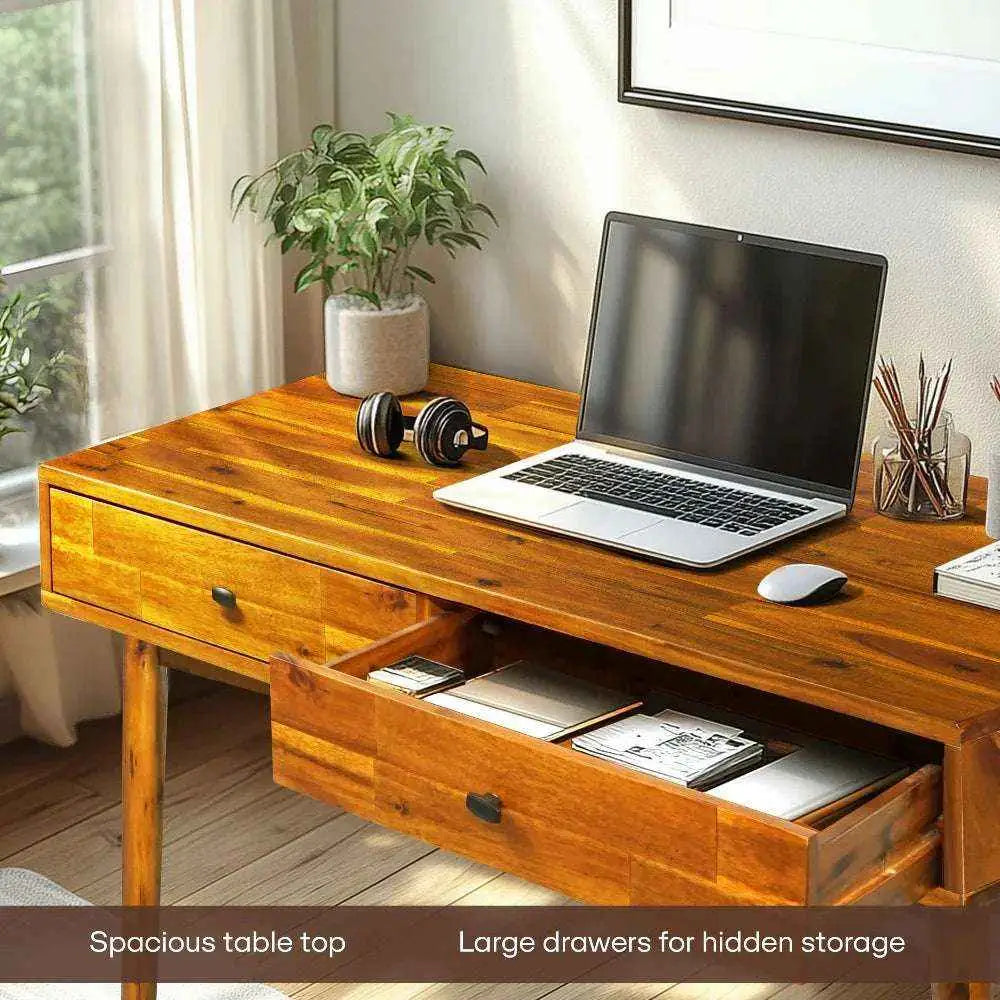 Work Desk with Drawers - Acacia 48’’ Solid Wood - for Functional Home Office - Megsu