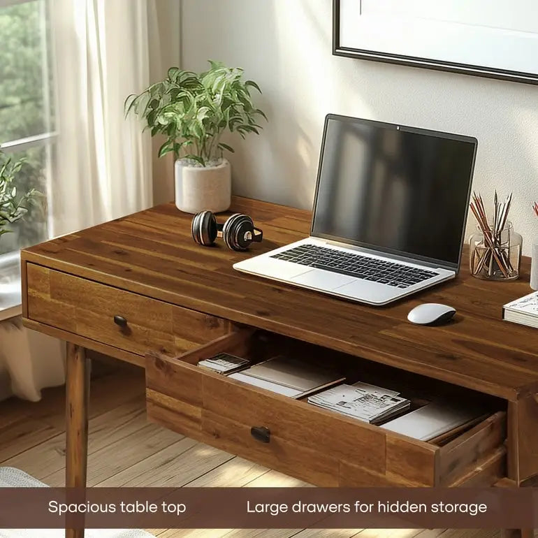 Work Desk with Drawers - Acacia 48’’ Solid Wood - for Functional Home Office - Megsu