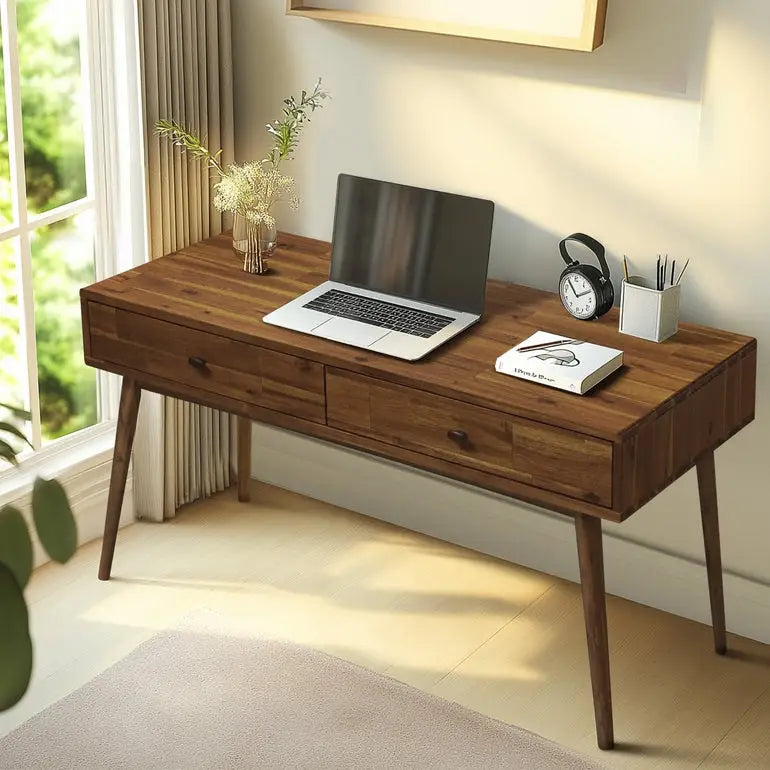 Work Desk with Drawers - Acacia 48’’ Solid Wood - for Functional Home Office - Megsu