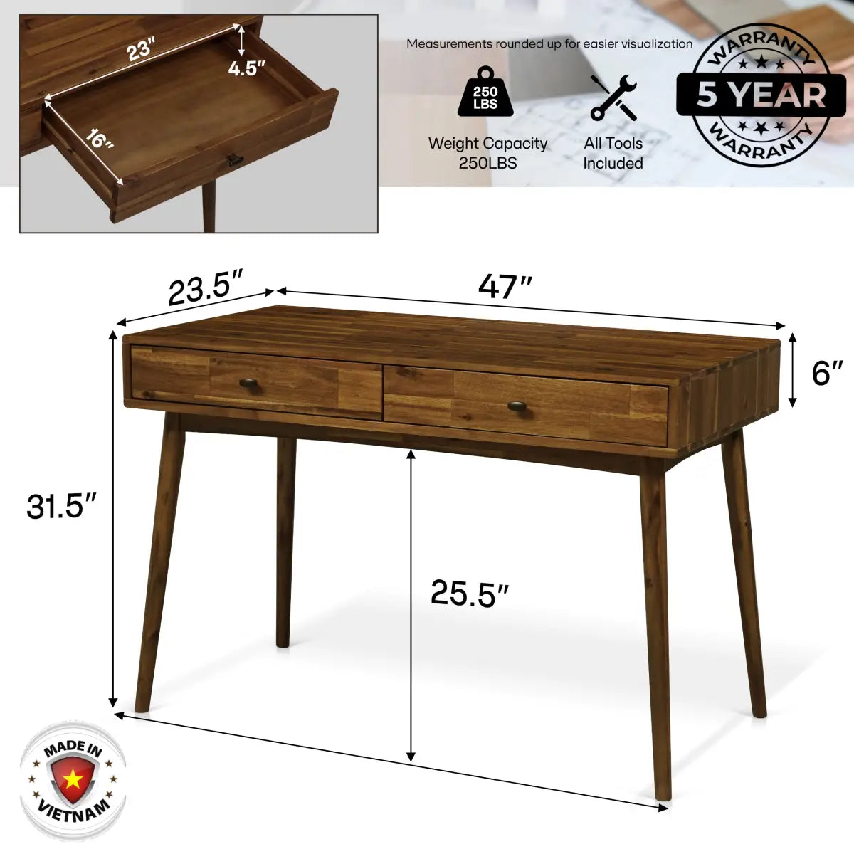 Work Desk with Drawers - Acacia 48’’ Solid Wood - for Functional Home Office - Megsu