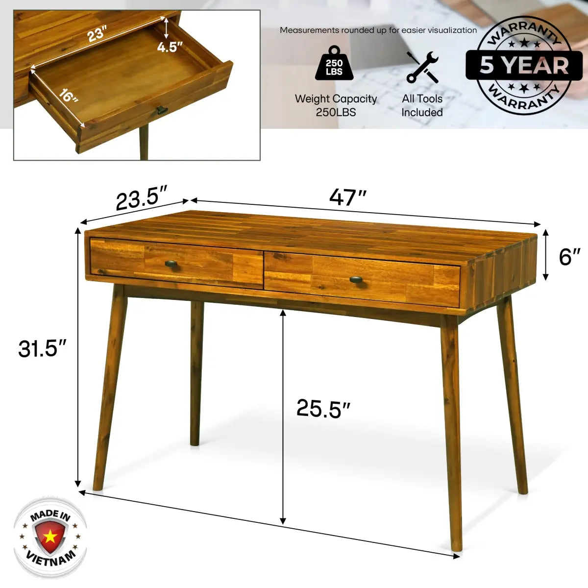 Work Desk with Drawers - Acacia 48’’ Solid Wood - for Functional Home Office - Megsu
