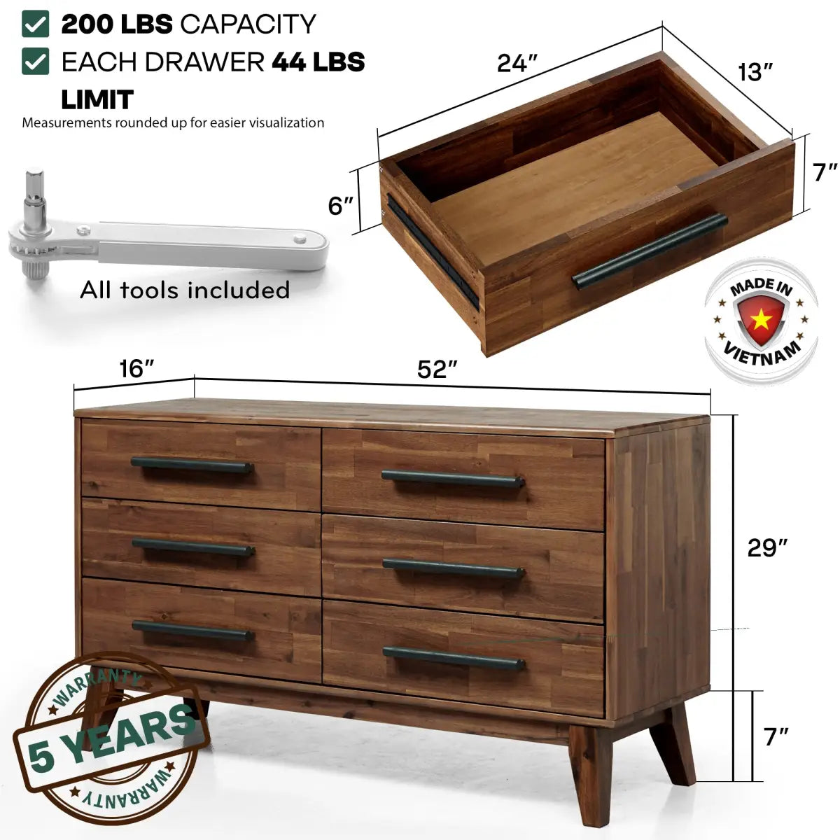Solid Wood Dresser - Acacia Wood - Timeless Elegance and Durability - Megsu