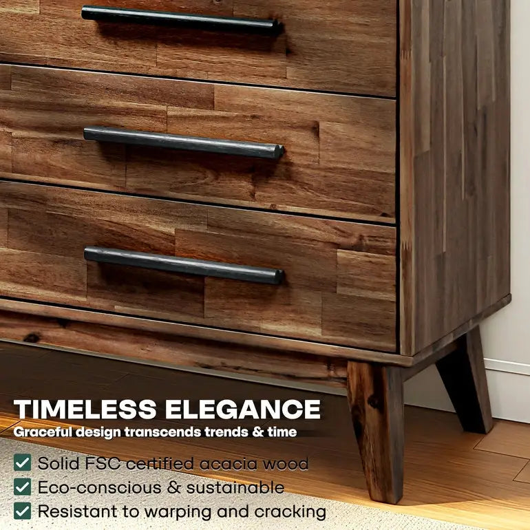 Solid Wood Dresser - Acacia Wood - Timeless Elegance and Durability - Megsu