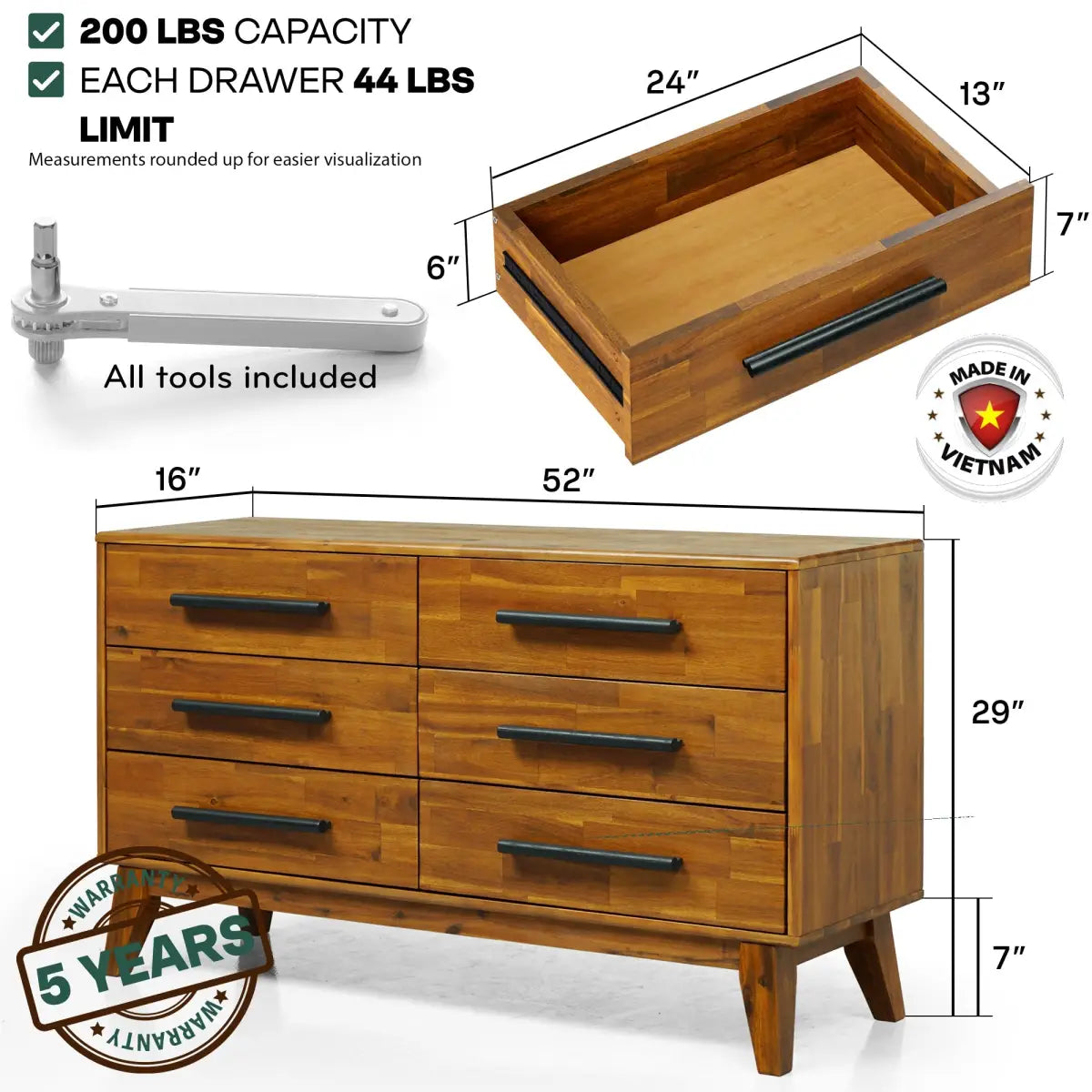 Solid Wood Dresser - Acacia Wood - Timeless Elegance and Durability - Megsu