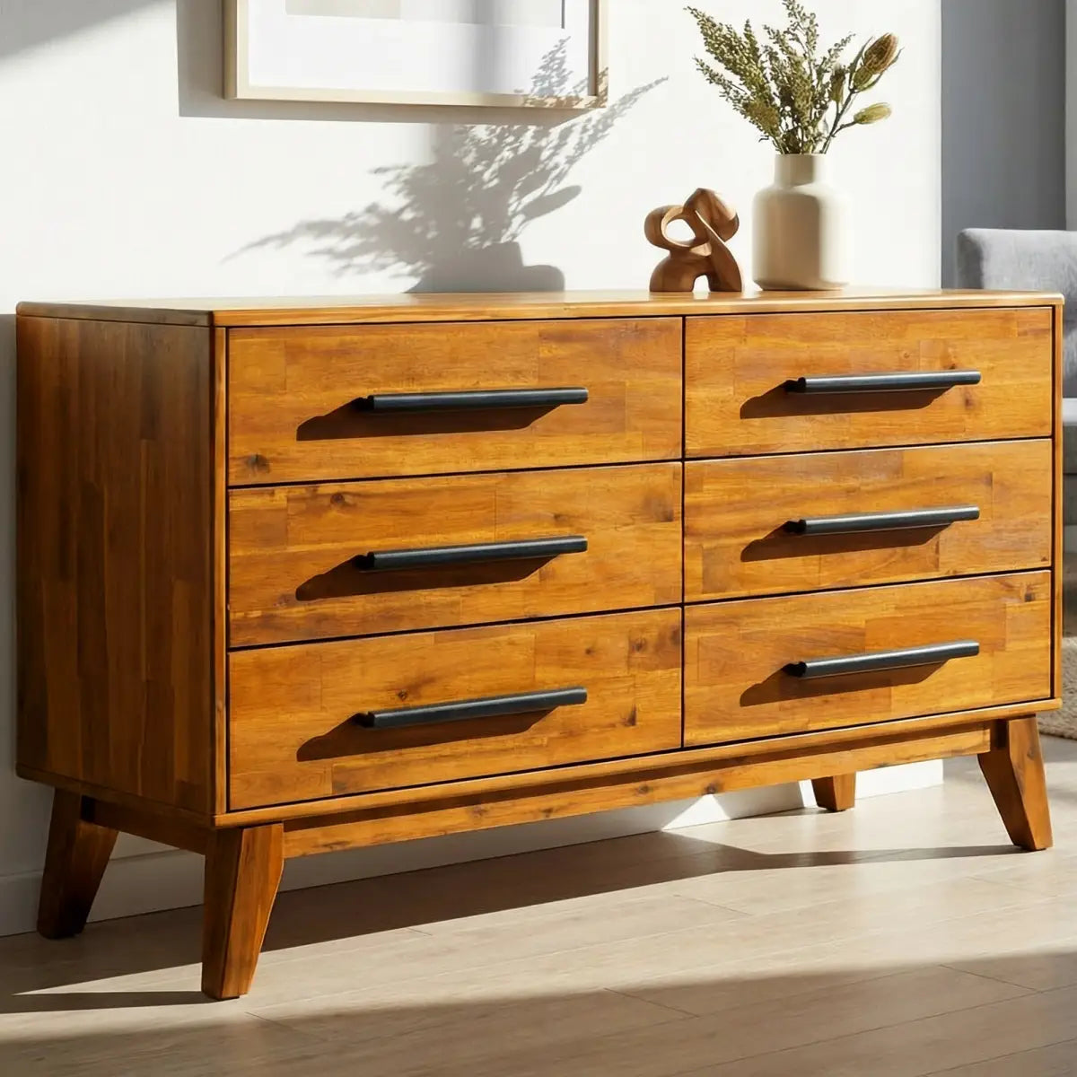 Solid Wood Dresser - Acacia Wood - Timeless Elegance and Durability - Caramel - Megsu