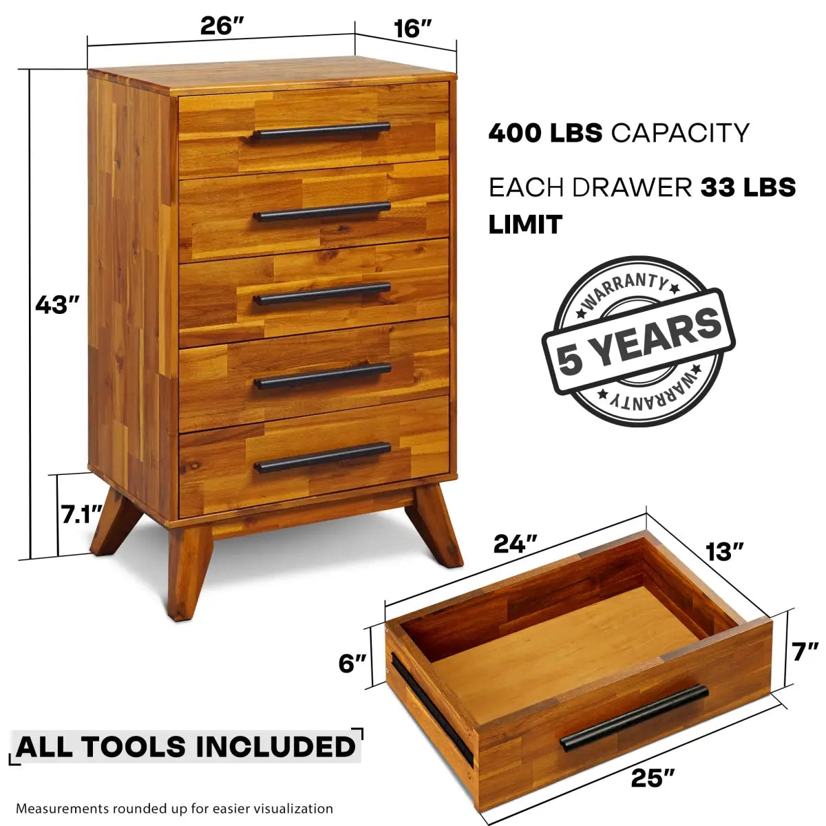 Solid Wood Dresser - Acacia - for Timeless Elegance - Megsu