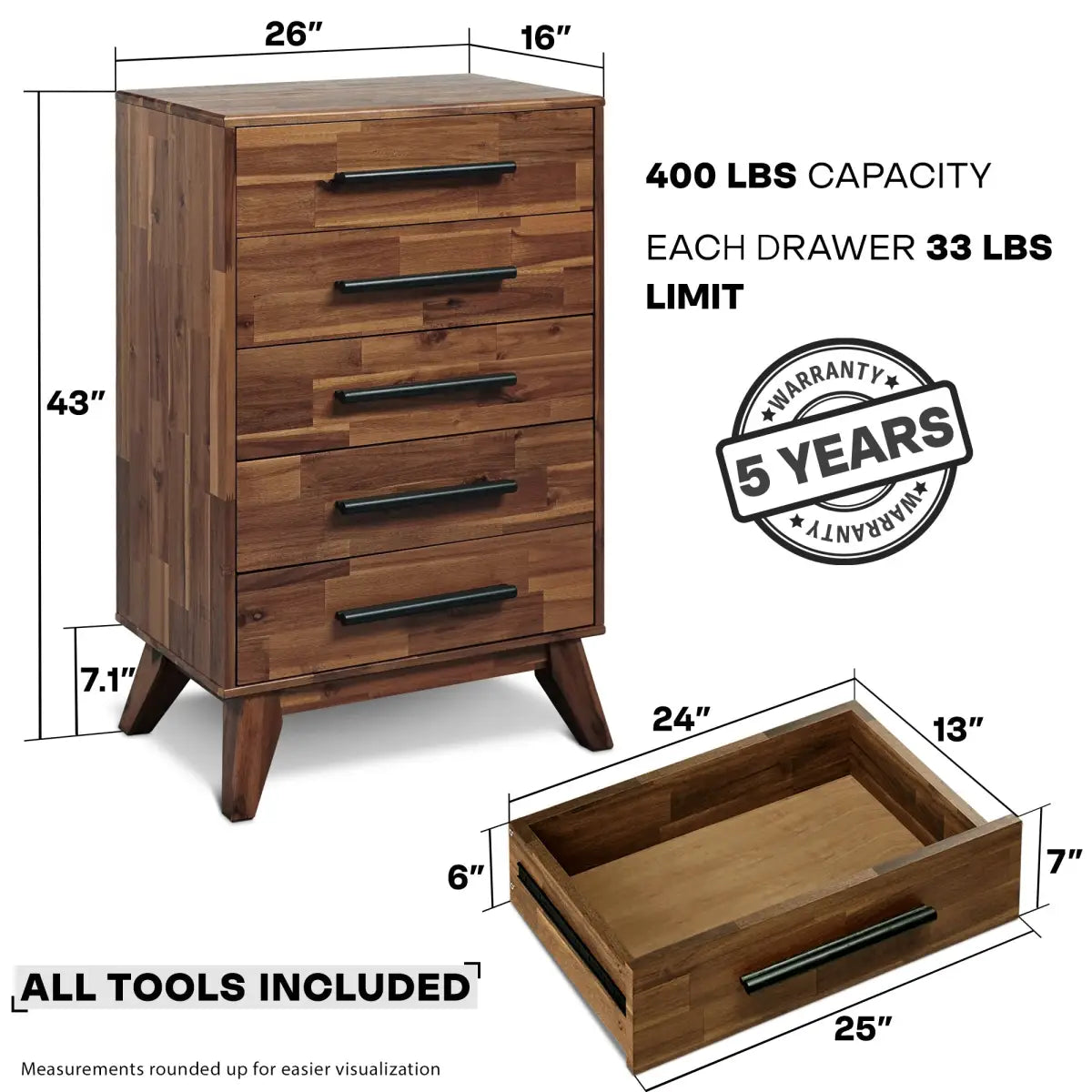 Solid Wood Dresser - Acacia - for Timeless Elegance - Megsu