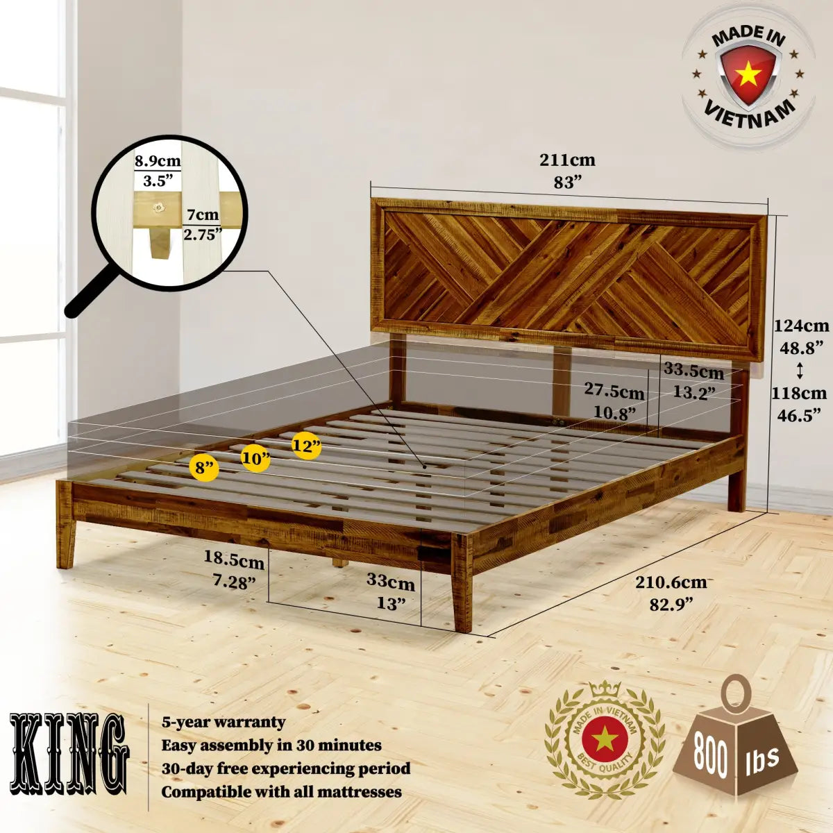 Solid Wood Bed Frame - Acacia Wood Deluxe - Megsu