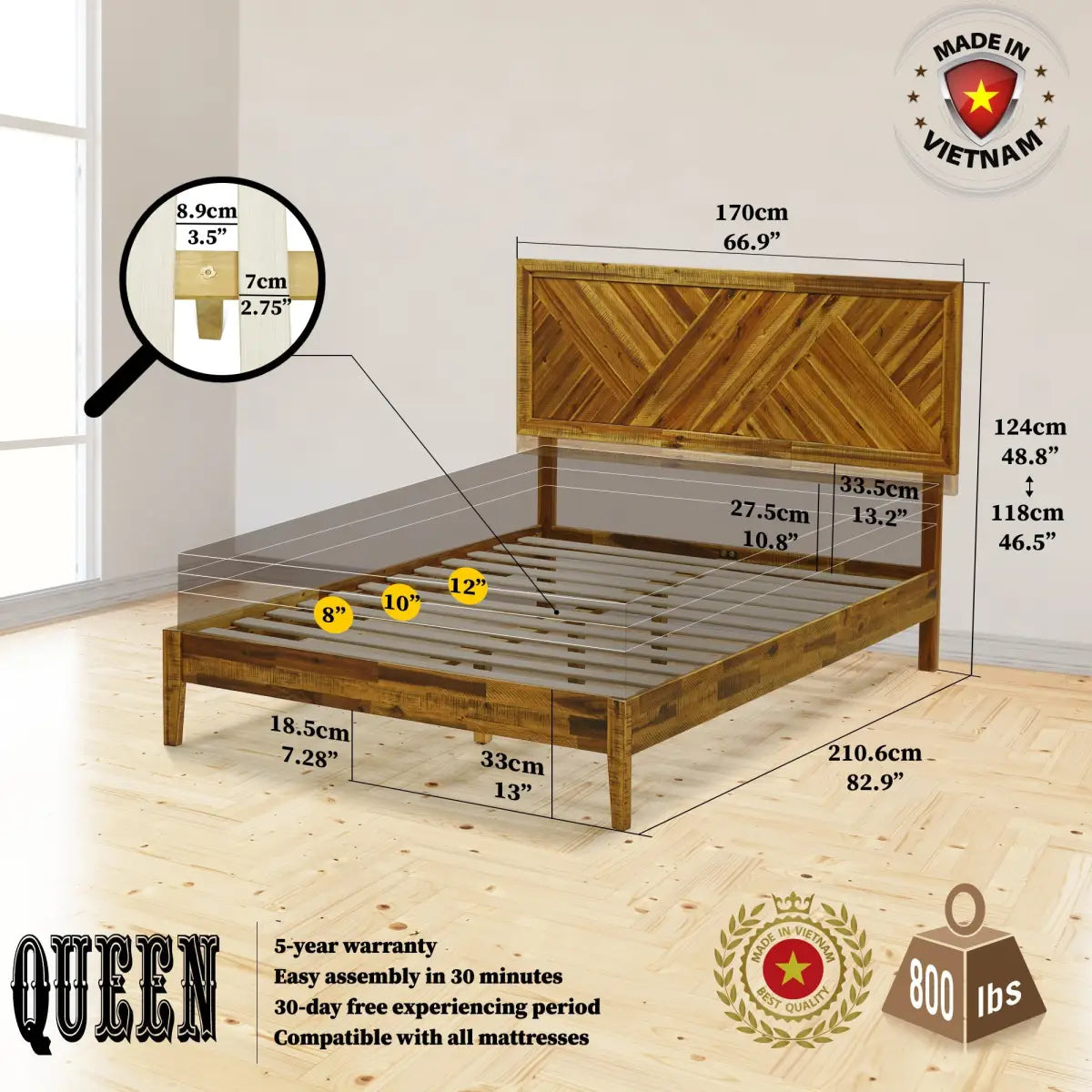 Solid Wood Bed Frame - Acacia Wood Deluxe - Megsu
