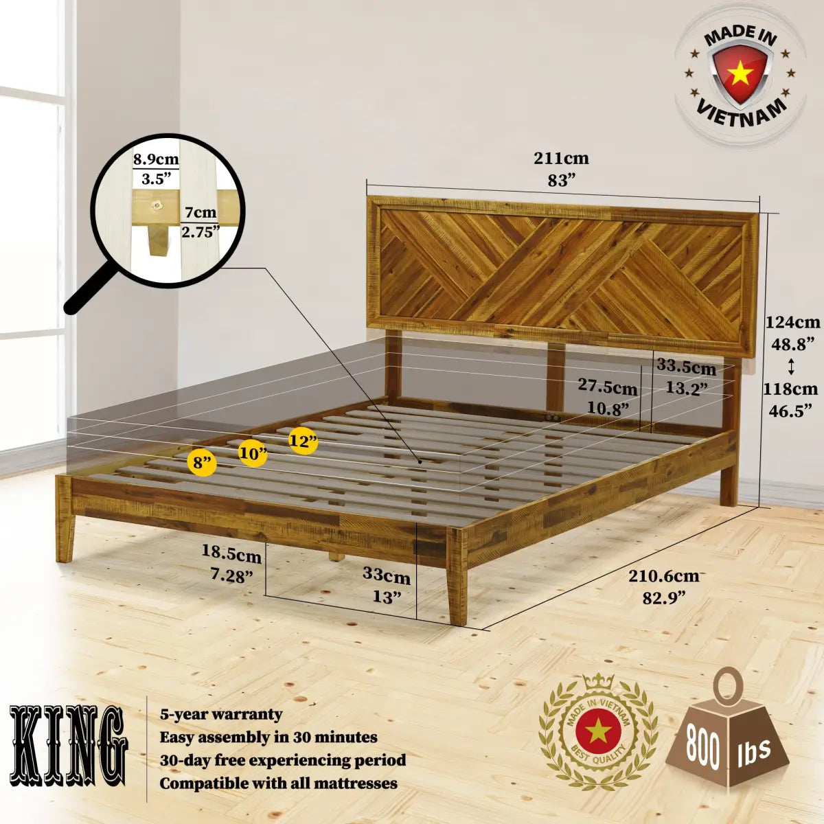 Solid Wood Bed Frame - Acacia Wood Deluxe - Megsu
