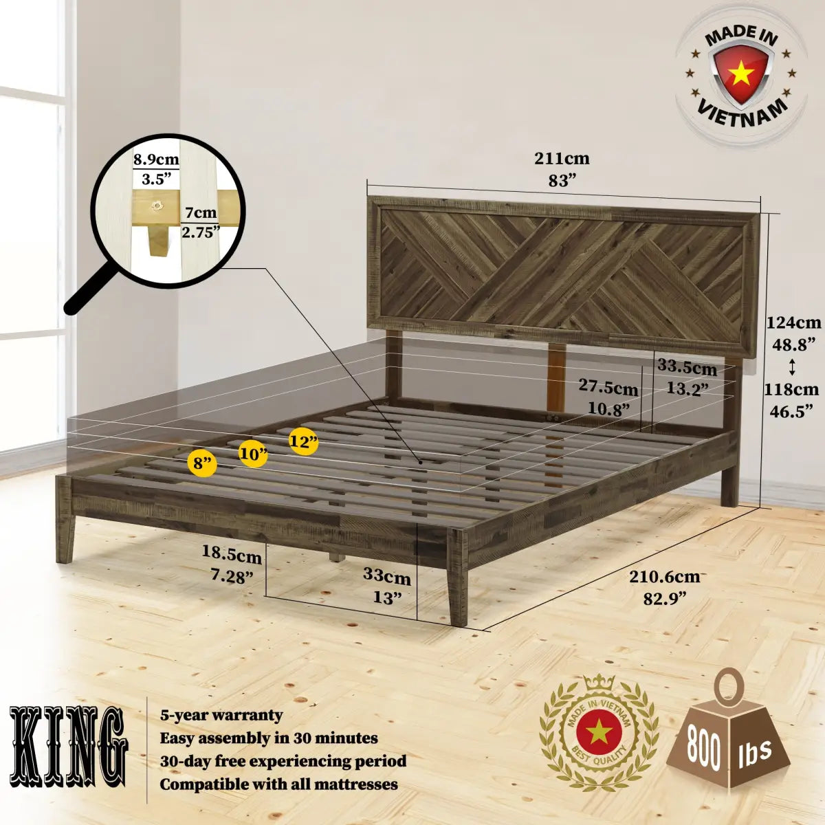 Solid Wood Bed Frame - Acacia Wood Deluxe - Megsu