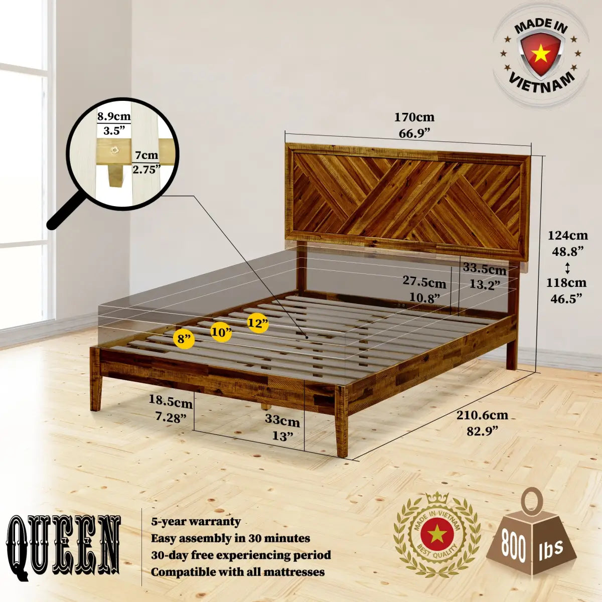 Solid Wood Bed Frame - Acacia Wood Deluxe - Megsu