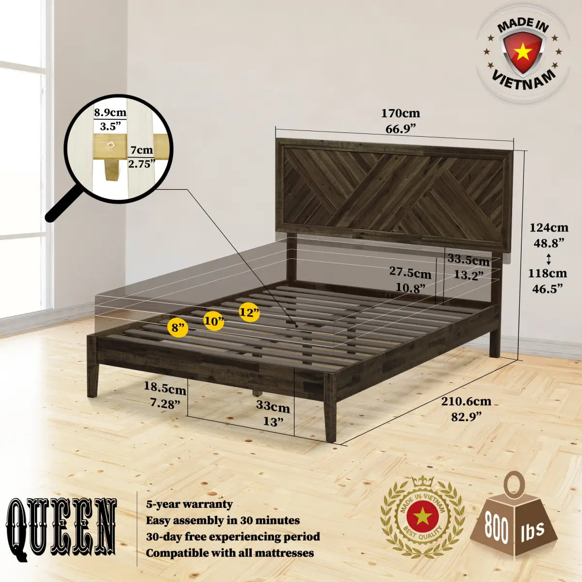 Solid Wood Bed Frame - Acacia Wood Deluxe - Megsu