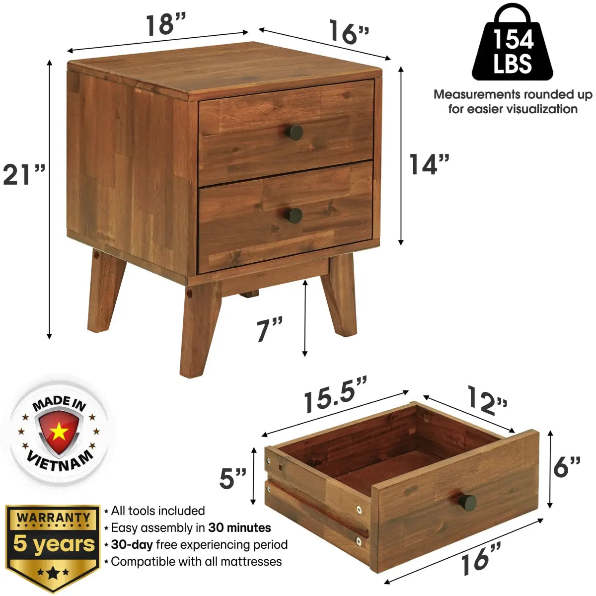 Solid Wood Nightstand - Acacia Silvia 2-Drawer Modern - Megsu
