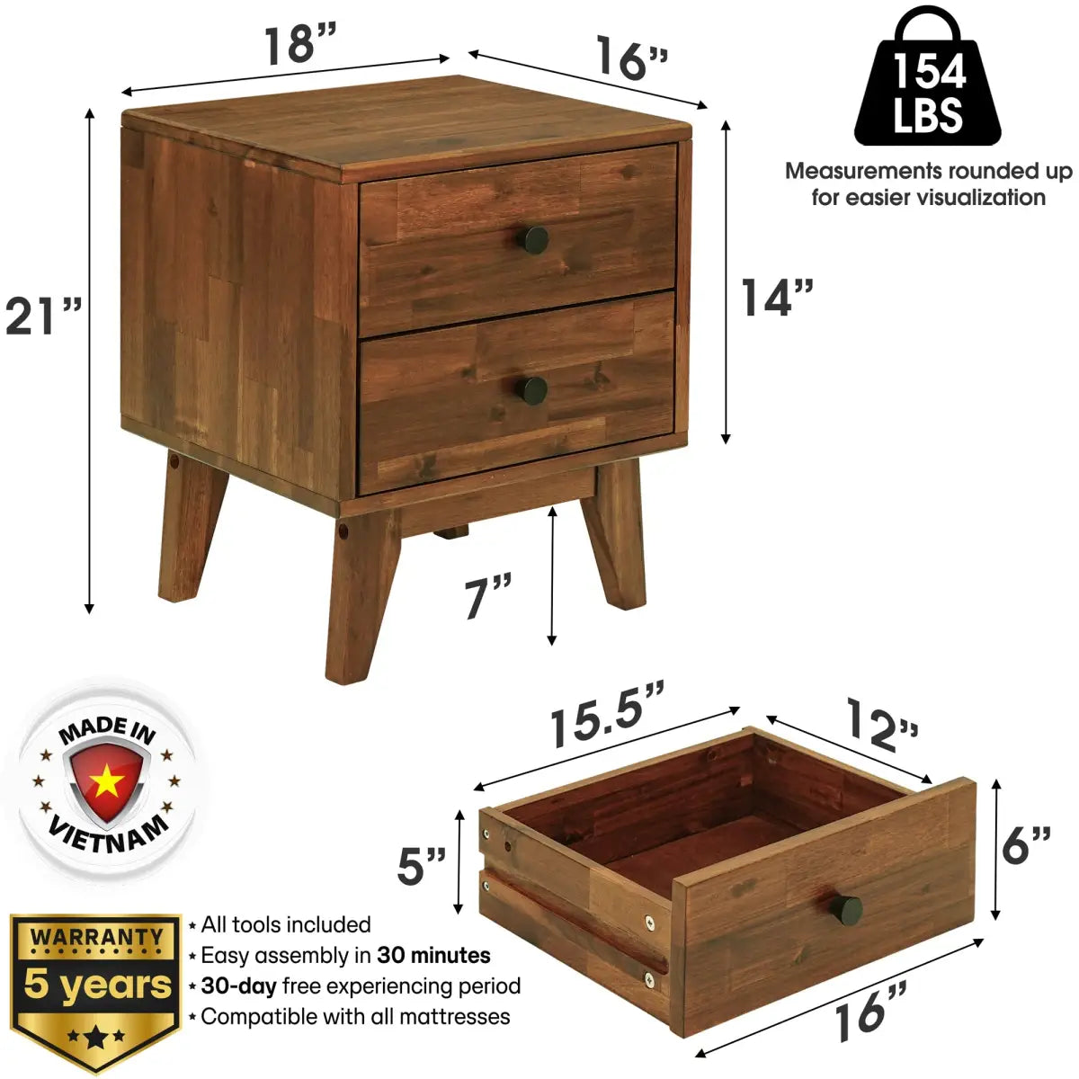 Solid Wood Nightstand - Acacia Silvia 2-Drawer Modern - Megsu
