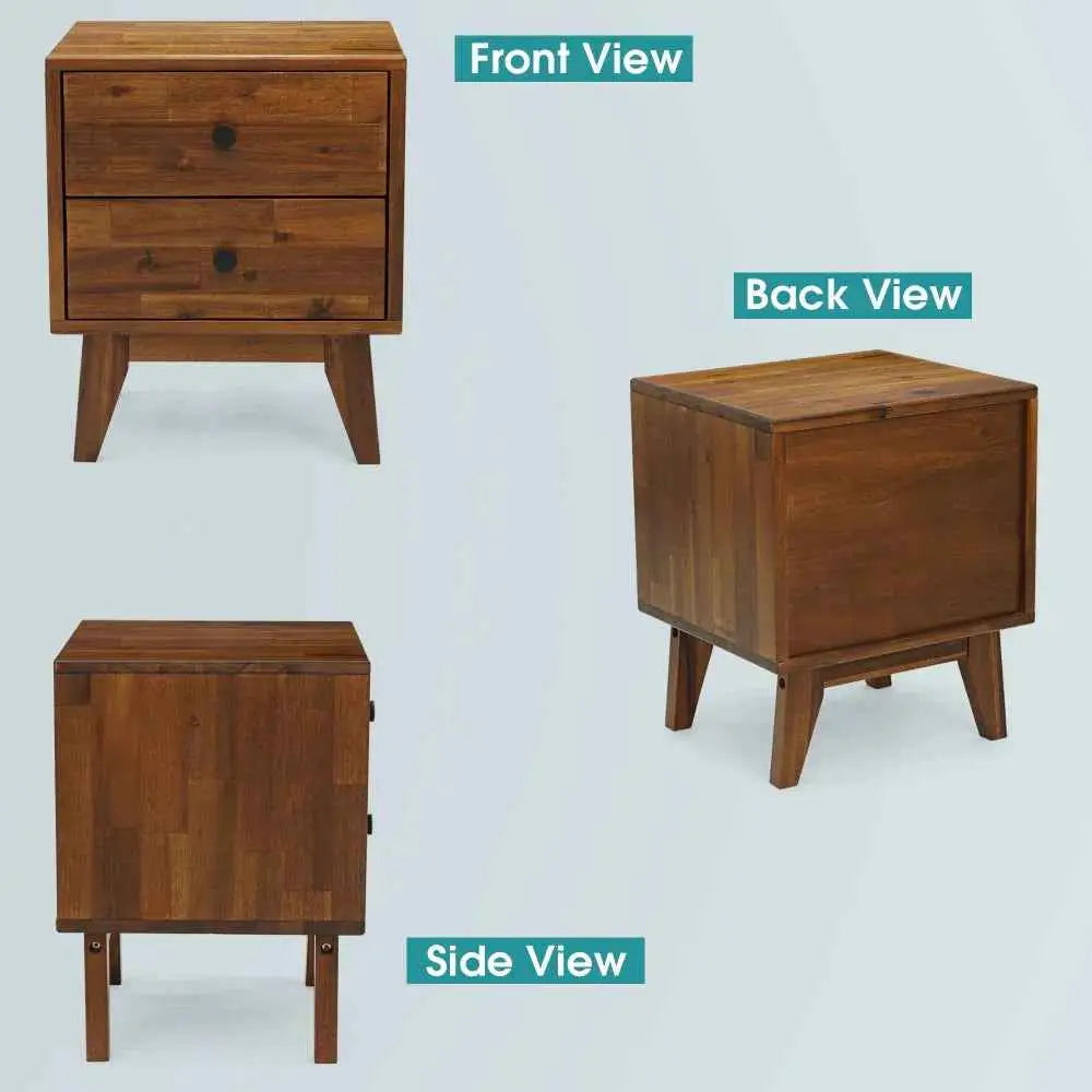 Solid Wood Nightstand - Acacia Silvia 2-Drawer Modern - Megsu