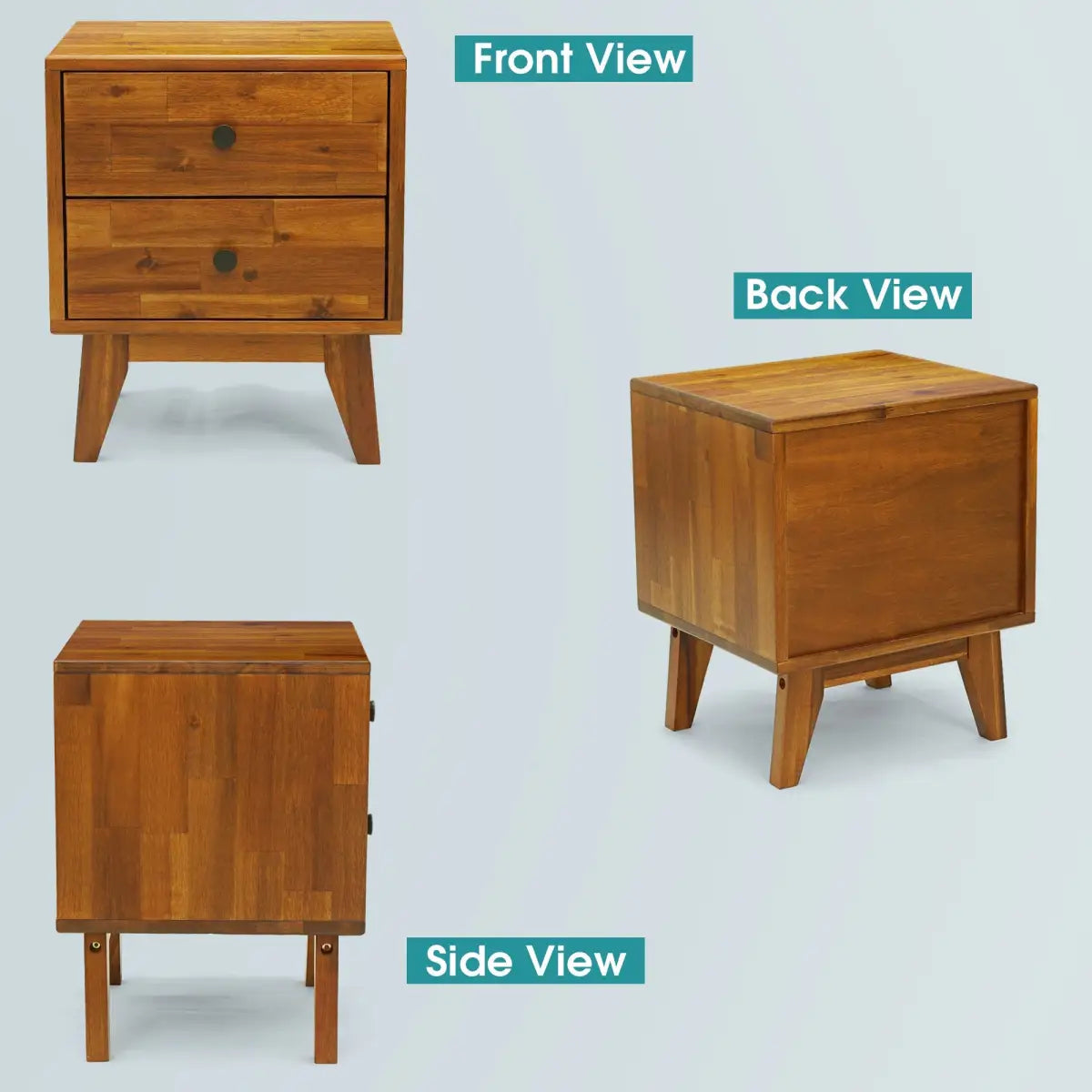 Solid Wood Nightstand - Acacia Silvia 2-Drawer Modern - Megsu
