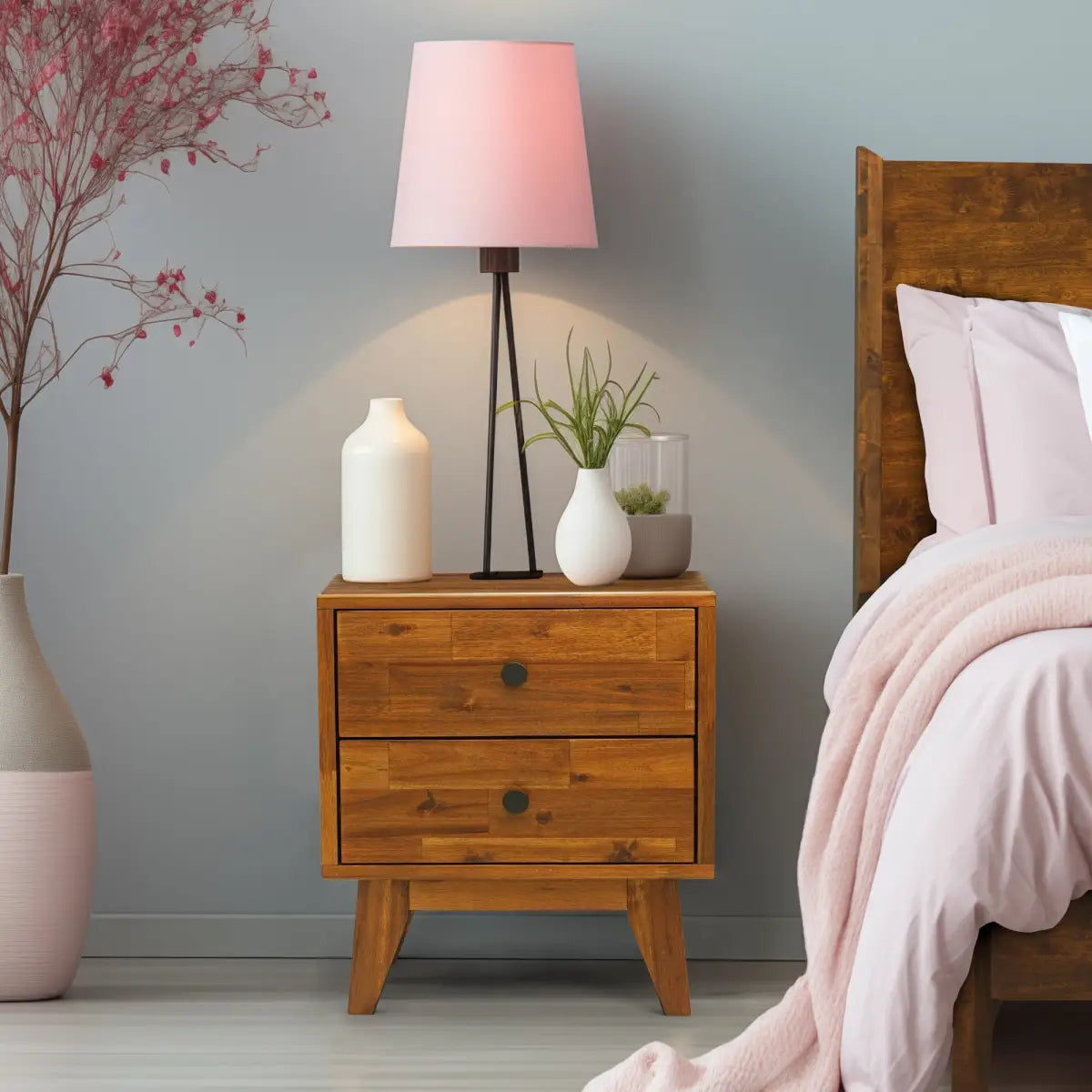 Solid Wood Nightstand - Acacia Silvia 2-Drawer Modern - Megsu