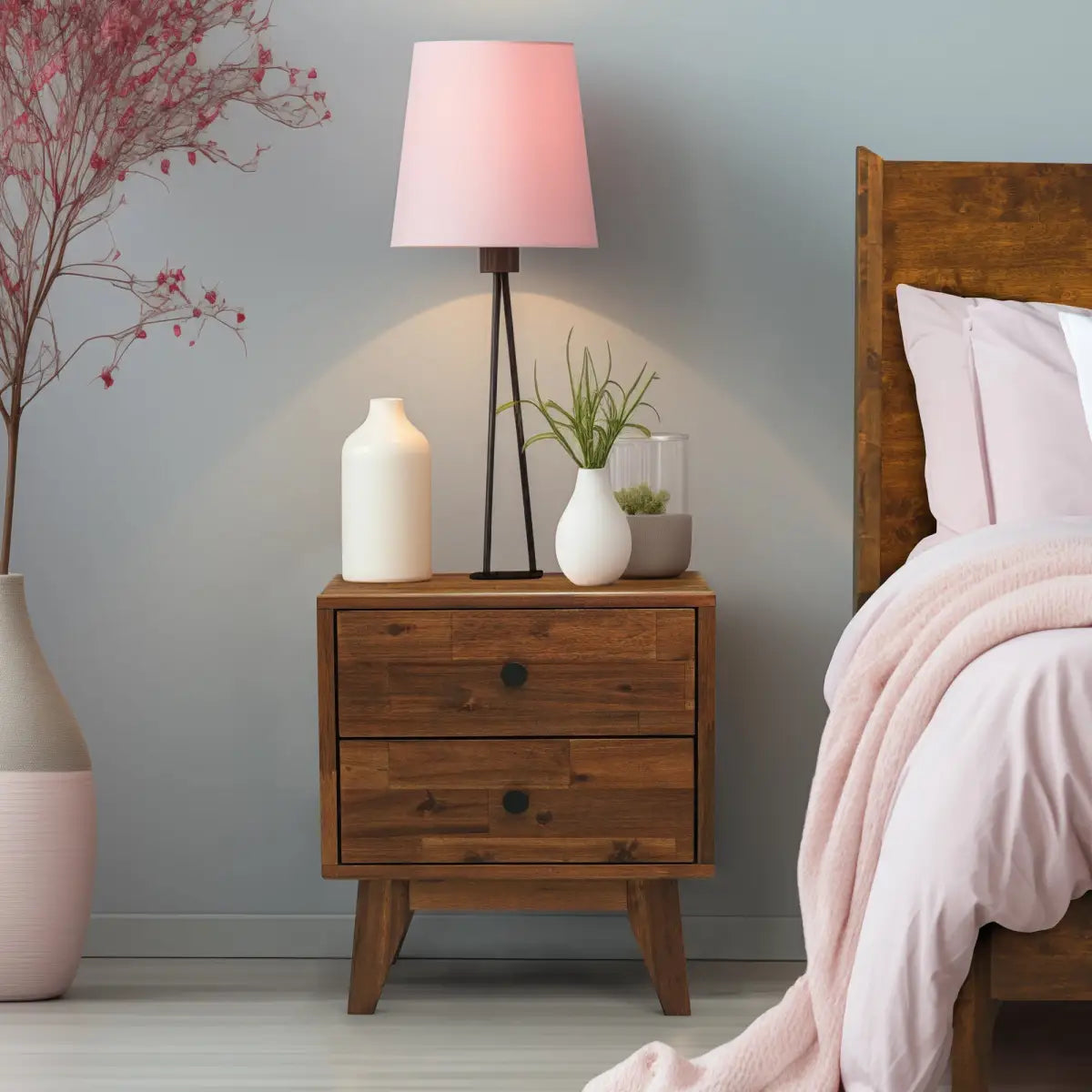 Solid Wood Nightstand - Acacia Silvia 2-Drawer Modern - Megsu