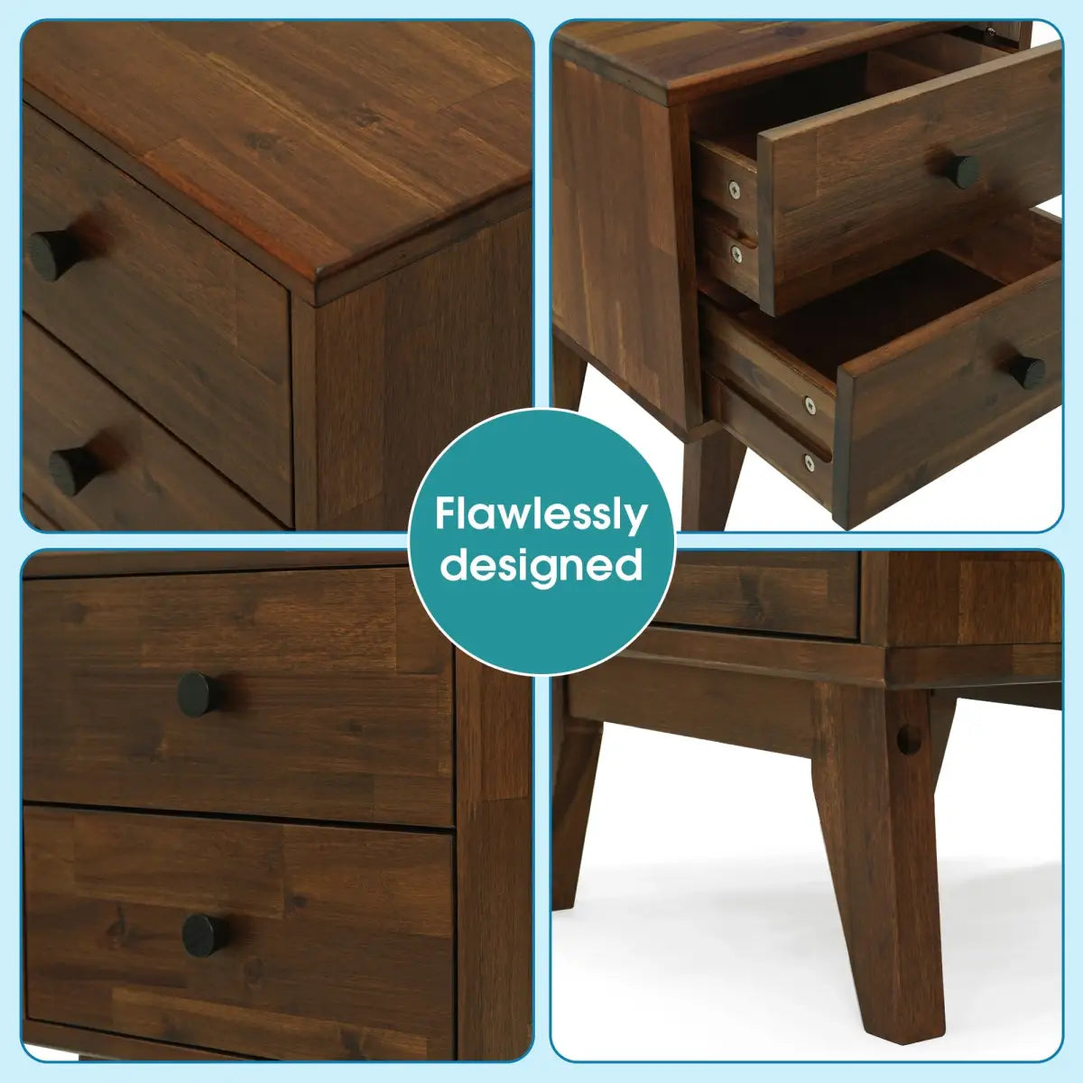 Solid Wood Nightstand - Acacia Silvia 2-Drawer Modern - Megsu