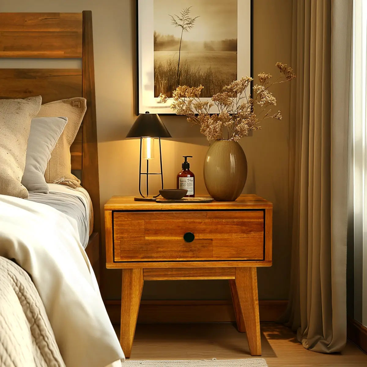 Solid Wood Nightstand - Acacia 1-Drawer - for Stylish Storage - Megsu