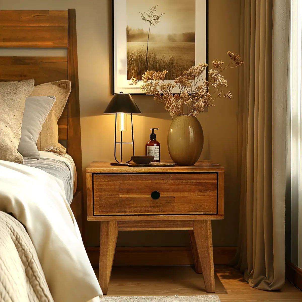 Solid Wood Nightstand - Acacia 1-Drawer - for Stylish Storage - Megsu